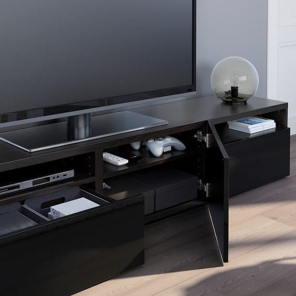 Ikea BESTÅ - TV bench, black-brown/Selsviken high-gloss/black, 180x42x39 cm