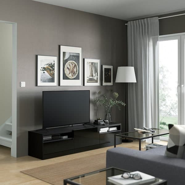 Ikea BESTÅ - TV bench, black-brown/Selsviken high-gloss/black, 180x42x39 cm