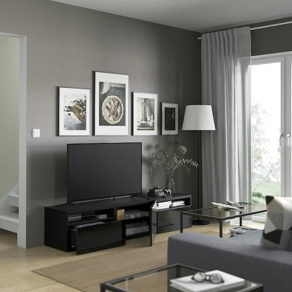 BESTÅ - TV bench, black-brown/Selsviken high-gloss/black, 180x42x39 cm - best price from Maltashopper.com 99399067