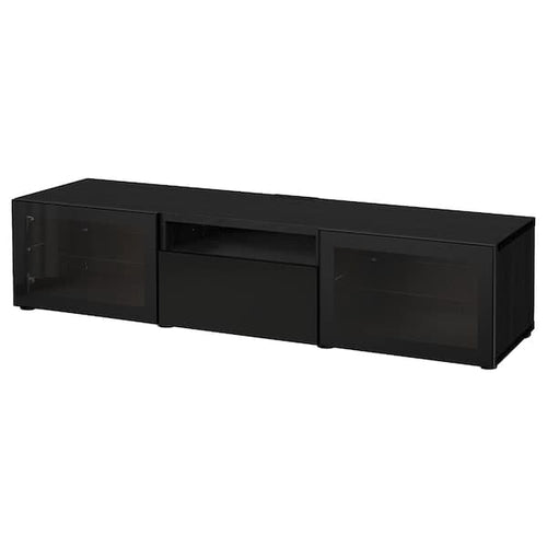BESTÅ - TV bench, black-brown/Selsviken high-gloss/black clear glass, 180x42x39 cm