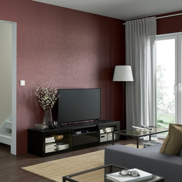 Ikea BESTÅ - TV bench, black-brown/Selsviken high-gloss/black clear glass, 180x42x39 cm