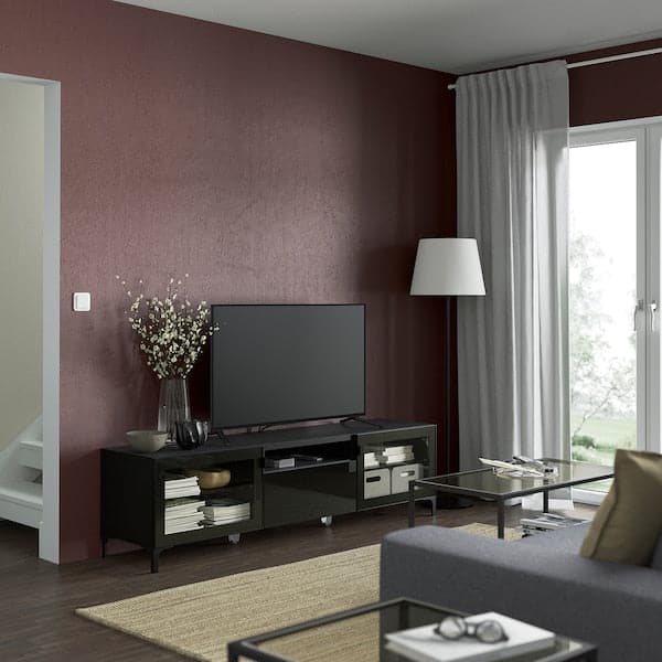 Ikea BESTÅ - TV bench, black-brown/Selsviken/Nannarp high-gloss/black clear glass, 180x42x48 cm