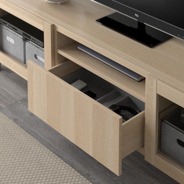 Ikea BESTÅ - TV bench, white stained oak effect/Lappviken/Stubbarp white stained oak eff clear glass, 180x42x48 cm