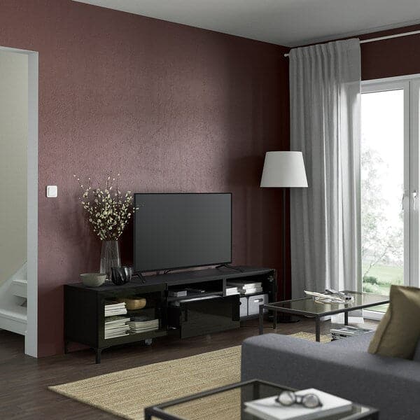Ikea BESTÅ - TV bench, black-brown/Selsviken/Nannarp high-gloss/black clear glass, 180x42x48 cm
