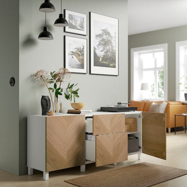 Ikea BESTÅ - Storage combination with drawers, white/Hedeviken/Stubbarp oak veneer, 180x42x74 cm