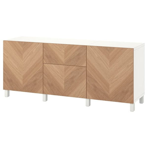 BESTÅ - Storage combination with drawers, white/Hedeviken/Stubbarp oak veneer, 180x42x74 cm