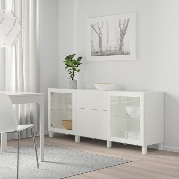 Ikea BESTÅ - Storage combination with drawers, white Lappviken/Sindvik/Stubbarp white clear glass, 180x42x74 cm