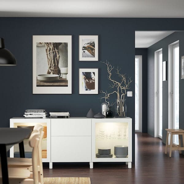 Ikea BESTÅ - Storage combination with drawers, white Lappviken/Sindvik/Stubbarp white clear glass, 180x42x74 cm