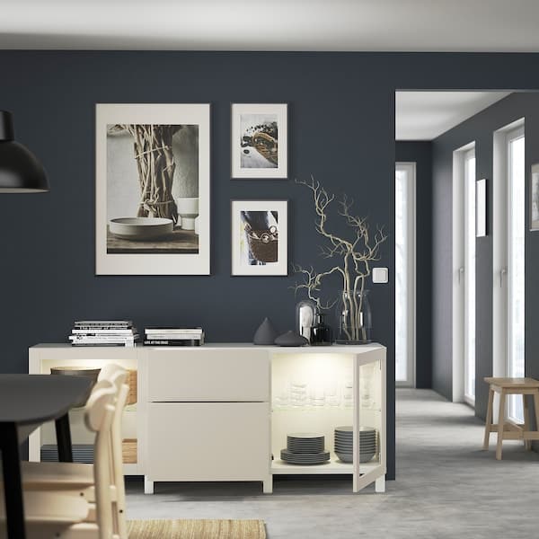 Ikea BESTÅ - Storage combination with drawers, white Lappviken/Stubbarp/light grey-beige clear glass, 180x42x74 cm