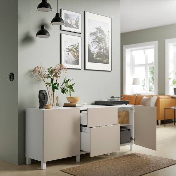 BESTÅ - Storage combination with drawers, white Lappviken/Stubbarp/light grey/beige, 180x42x74 cm - best price from Maltashopper.com 09424325
