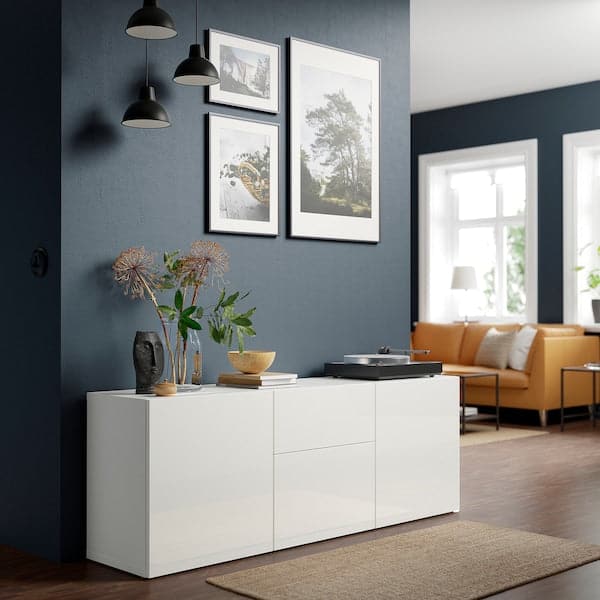 Ikea BESTÅ - Storage combination with drawers, white/Selsviken high-gloss/white, 180x42x65 cm
