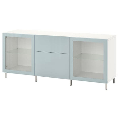 BESTÅ - Storage combination with drawers, white Selsviken/Ösarp/light grey-blue clear glass, 180x42x74 cm