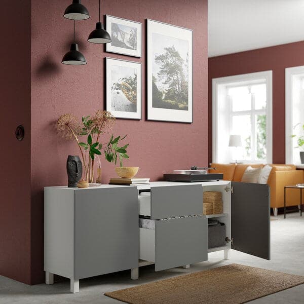 Ikea BESTÅ - Storage combination with drawers, white/Västerviken/Stubbarp dark grey, 180x42x74 cm
