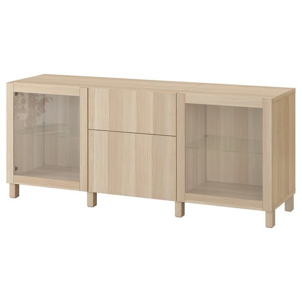 Ikea BESTÅ - Storage combination with drawers, white stained oak effect Lappviken/Sindvik/Stubbarp white stained oak eff clear glass, 180x42x74 cm