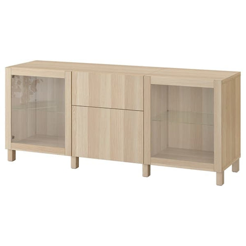 BESTÅ - Storage combination with drawers, white stained oak effect Lappviken/Sindvik/Stubbarp white stained oak eff clear glass, 180x42x74 cm