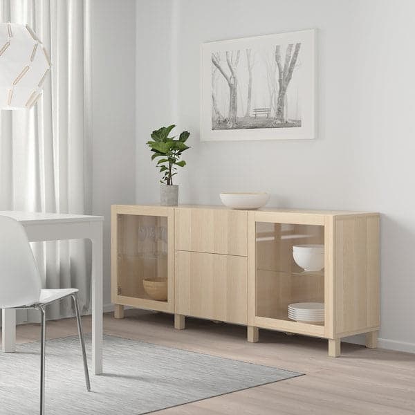 Ikea BESTÅ - Storage combination with drawers, white stained oak effect Lappviken/Sindvik/Stubbarp white stained oak eff clear glass, 180x42x74 cm