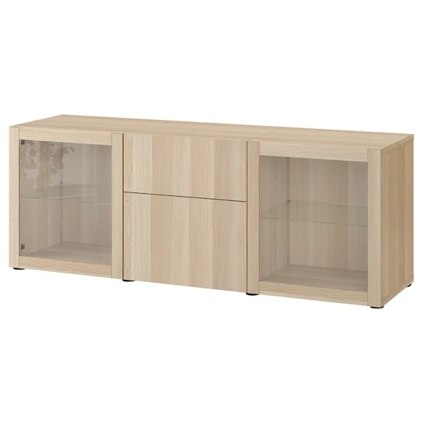 BESTÅ - Storage combination with drawers, white stained oak effect Lappviken/Sindvik white stained oak eff clear glass, 180x42x65 cm - best price from Maltashopper.com 99412667