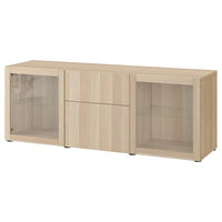 BESTÅ - Storage combination with drawers, white stained oak effect Lappviken/Sindvik white stained oak eff clear glass, 180x42x65 cm - best price from Maltashopper.com 29325107