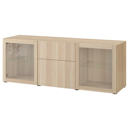 BESTÅ storage combination with drawers, white stained oak effect Lappviken/Sindvik white stained oak eff clear glass, 180x42x65 cm