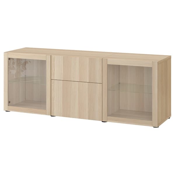 BESTÅ - Storage combination with drawers, white stained oak effect Lappviken/Sindvik white stained oak eff clear glass, 180x42x65 cm