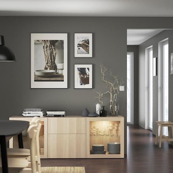 Ikea BESTÅ - Storage combination with drawers, white stained oak effect Lappviken/Sindvik white stained oak eff clear glass, 180x42x65 cm