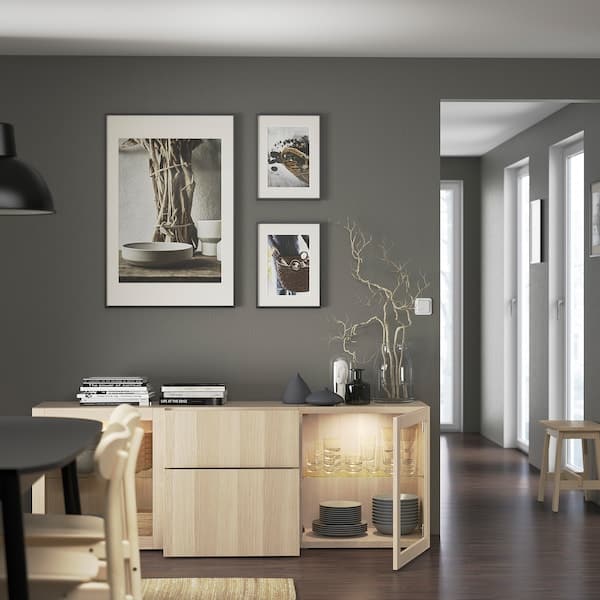 Ikea BESTÅ - Storage combination with drawers, white stained oak effect Lappviken/Sindvik white stained oak eff clear glass, 180x42x65 cm