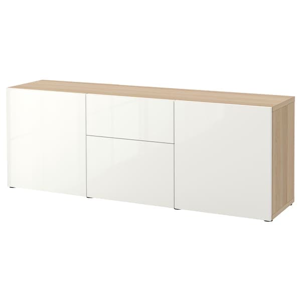 BESTÅ - Storage combination with drawers, white stained oak effect/Selsviken high-gloss/white, 180x42x65 cm - best price from Maltashopper.com 39412670