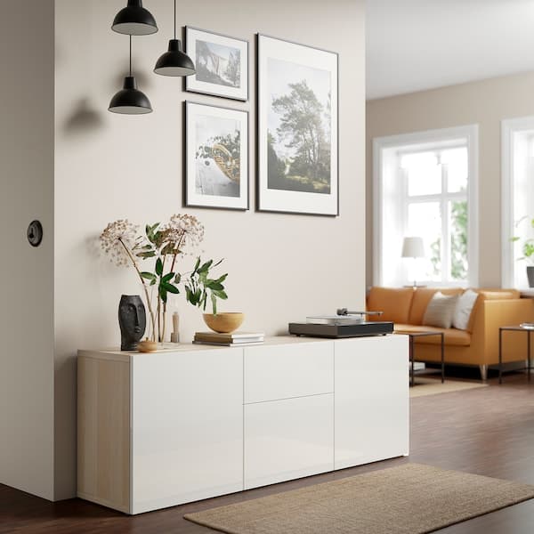 Ikea BESTÅ - Storage combination with drawers, white stained oak effect/Selsviken high-gloss/white, 180x42x65 cm