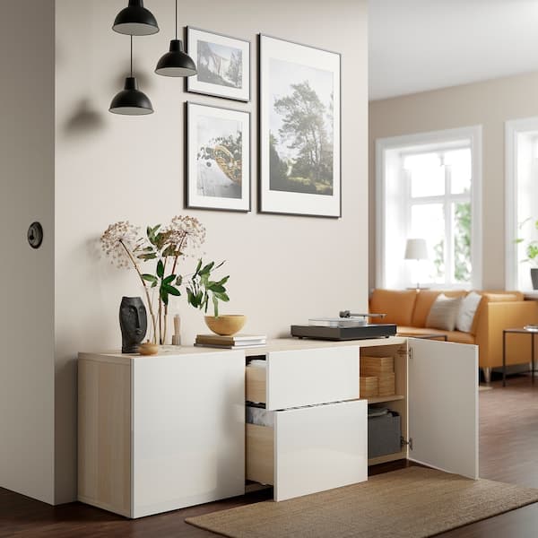 BESTÅ - Storage combination with drawers, white stained oak effect/Selsviken high-gloss/white, 180x42x65 cm - best price from Maltashopper.com 29325188