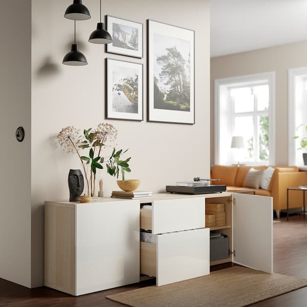 BESTÅ - Storage combination with drawers, white stained oak effect/Selsviken high-gloss/white, 180x42x65 cm - best price from Maltashopper.com 39412670