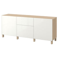 BESTÅ - Storage combination with drawers, white stained oak effect/Selsviken/Stubbarp high-gloss/white, 180x42x74 cm - best price from Maltashopper.com 89412719