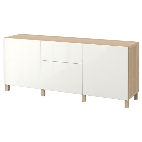 BESTÅ - Storage combination with drawers, white stained oak effect/Selsviken/Stubbarp high-gloss/white, 180x42x74 cm