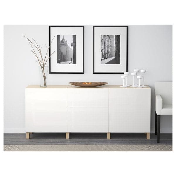 Ikea BESTÅ - Storage combination with drawers, white stained oak effect/Selsviken/Stubbarp high-gloss/white, 180x42x74 cm