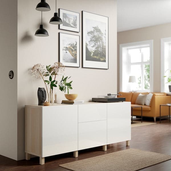 BESTÅ - Storage combination with drawers, white stained oak effect/Selsviken/Stubbarp high-gloss/white, 180x42x74 cm - best price from Maltashopper.com 89412719