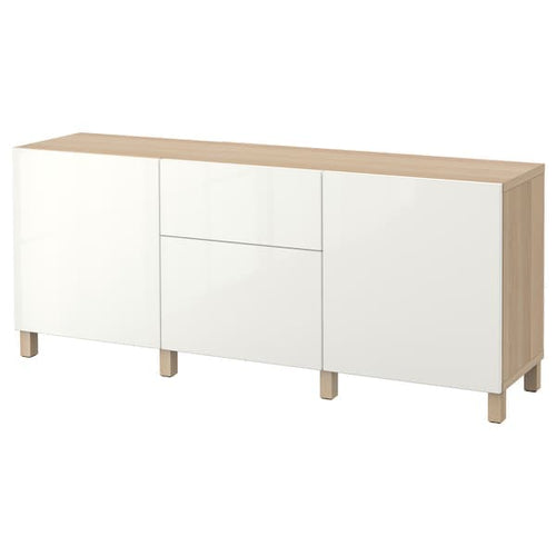 BESTÅ - Storage combination with drawers, white stained oak effect/Selsviken/Stubbarp high-gloss/white, 180x42x74 cm