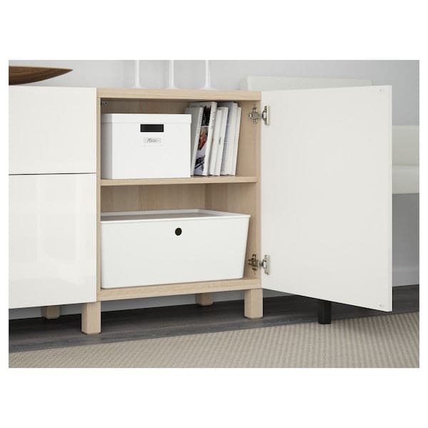 BESTÅ - Storage combination with drawers, white stained oak effect/Selsviken/Stubbarp high-gloss/white, 180x42x74 cm - best price from Maltashopper.com 99195678