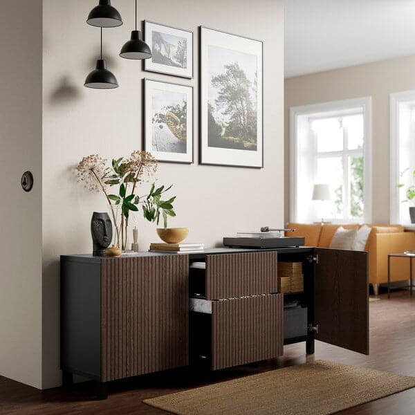 Ikea BESTÅ - Storage combination with drawers, black-brown Björköviken/Stubbarp/brown stained oak veneer, 180x42x74 cm