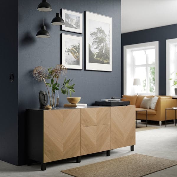 Ikea BESTÅ - Storage combination with drawers, black-brown/Hedeviken/Stubbarp oak veneer, 180x42x74 cm