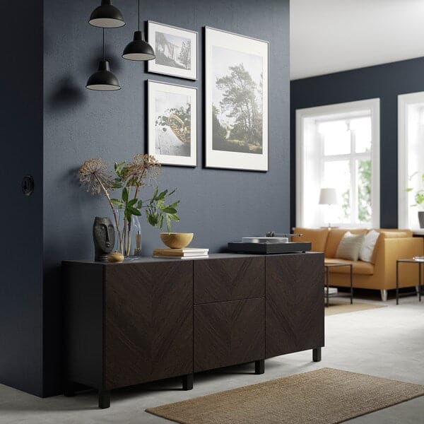 Ikea BESTÅ - Storage combination with drawers, black-brown Hedeviken/Stubbarp/dark brown stained oak veneer, 180x42x74 cm