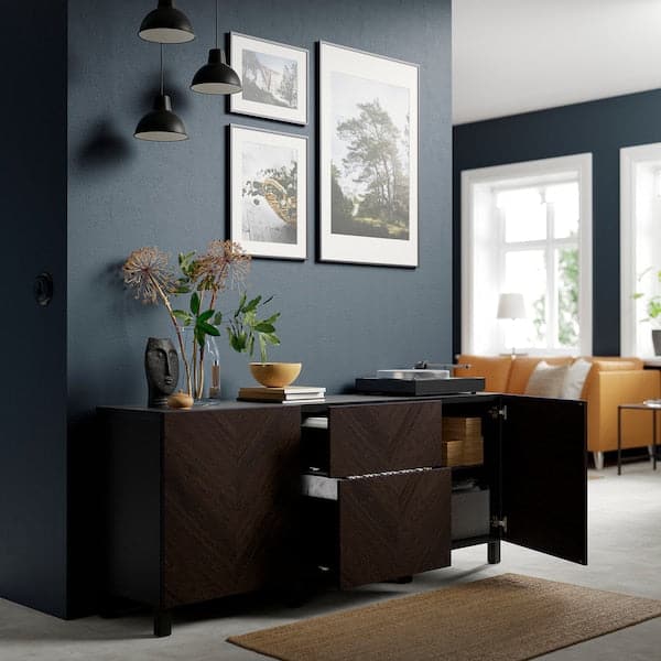 BESTÅ - Storage combination with drawers, black-brown Hedeviken/Stubbarp/dark brown stained oak veneer, 180x42x74 cm - best price from Maltashopper.com 69440252