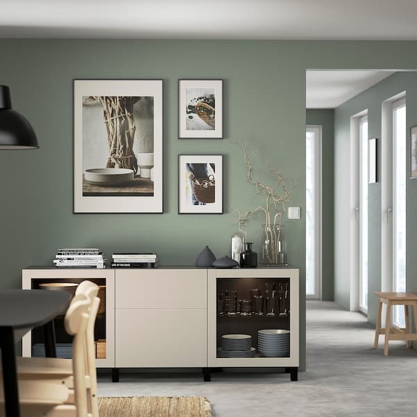 Ikea BESTÅ - Storage combination with drawers, black-brown Lappviken/Stubbarp/light grey-beige clear glass, 180x42x74 cm