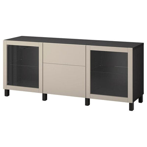 BESTÅ - Storage combination with drawers, black-brown Lappviken/Stubbarp/light grey-beige clear glass, 180x42x74 cm