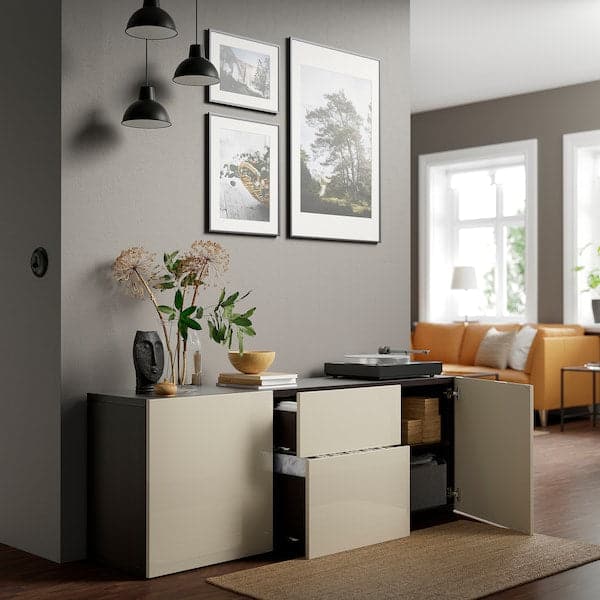 Ikea BESTÅ Furniture with drawers - brown-black/selsviken glossy/beige 180x42x65 cm , 180x42x65 cm