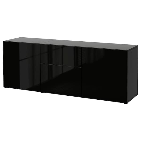 Ikea BESTÅ - Storage combination with drawers, black-brown/Selsviken high-gloss/black, 180x42x65 cm
