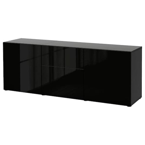 BESTÅ - Storage combination with drawers, black-brown/Selsviken high-gloss/black, 180x42x65 cm