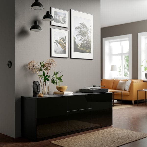 Ikea BESTÅ - Storage combination with drawers, black-brown/Selsviken high-gloss/black, 180x42x65 cm