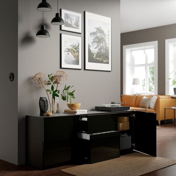 Ikea BESTÅ - Storage combination with drawers, black-brown/Selsviken high-gloss/black, 180x42x65 cm