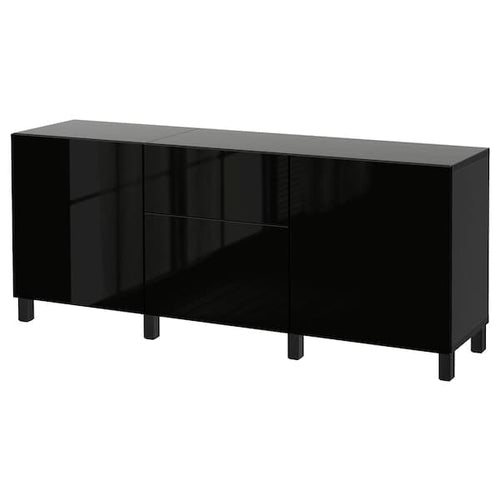 BESTÅ - Storage combination with drawers, black-brown/Selsviken/Stubbarp high-gloss/black, 180x42x74 cm