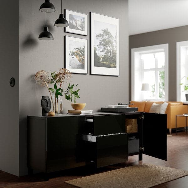 Ikea BESTÅ - Storage combination with drawers, black-brown/Selsviken/Stubbarp high-gloss/black, 180x42x74 cm