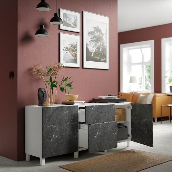 BESTÅ - Storage combination with drawers, white Bergsviken/Stubbarp/black marble effect, 180x42x74 cm - best price from Maltashopper.com 19421859